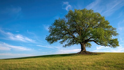Obraz premium Green tree on inclined terrain beneath clear blue sky, highlighting seasonal change
