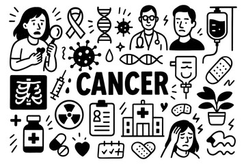 Cancer awareness doodle with patients, ribbon symbol, medicine, and chemotherapy icons in black and white style, Transparent Background