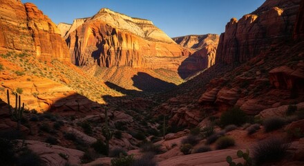 Obraz premium Panoramic vista of a majestic desert canyon bathed in the warm glow of the golden hour, showcasing intricate geological formations, deep shadows, and rugged natural beauty