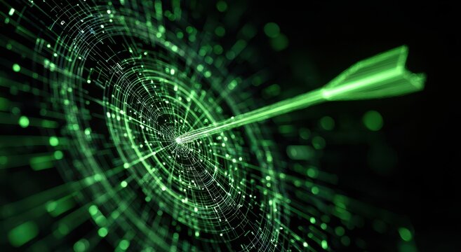Vibrant photo of green arrow hitting the center of a digital target on a dark background