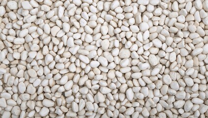 Fototapeta premium A close-up of white pebble stones forming a smooth and polished surface, suitable for garden pathways and ornamental landscaping.