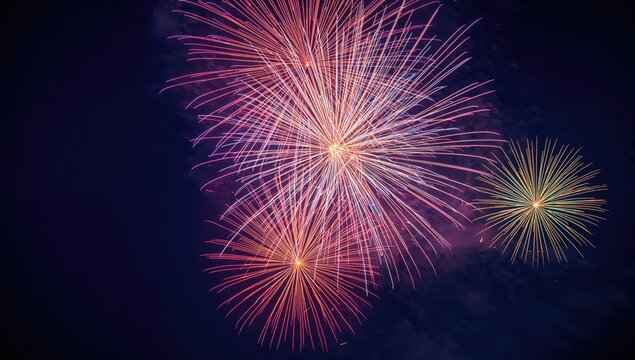 Close-up view of vibrant fireworks bursting in the sky, showcasing bright pyrotechnic displays, celebration of independence
