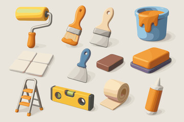 A set of icons related to repair and surface finishing. All icons are rendered in a three-dimensional style using colors such as yellow, orange, gray, and blue.