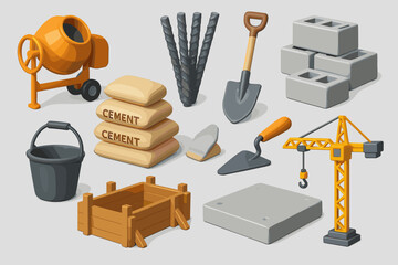 A set of icons related to building materials and equipment. All icons are rendered in a three-dimensional style using colors such as orange, gray, brown, and black.