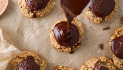 Flat lay of banana cookies drizzled with melted chocolate, indulgent treat, World Chocolate Day