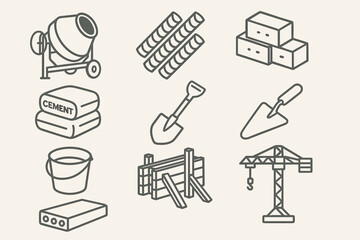 A set of icons related to building materials and equipment. All icons are made in black and white with a simple outline design.