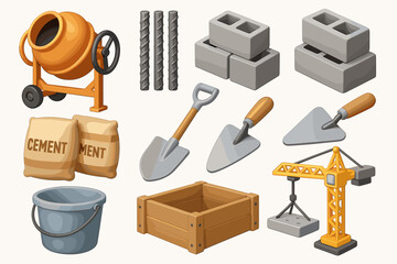A set of icons related to building materials and equipment. All icons are rendered in a 3D style using colors such as orange, gray, brown, and black.