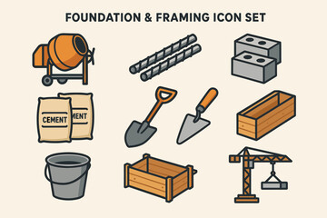 A set of icons called “Foundation & Framing Icon Set” related to building materials and equipment. All icons are designed in a simplified style using colors such as orange, gray, and brown.