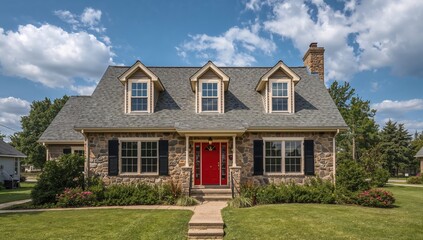 Cape Cod-style home featuring three dormer windows and a red entrance, classic architectural design, preservation
