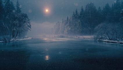 Enchanting winter night, snowfall over a river, highlighting seasonal beauty
