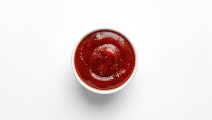 Bowl of tomato ketchup on a white surface, refined sugar load