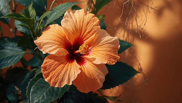 Hibiscus flower featuring bright orange petals and rich green foliage, vibrant color contrast, Earth Day - Powered by Adobe