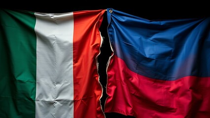 Obraz premium disharmony. Two torn fabric flags in contrasting colors, symbolic still life with dramatic lighting. event programs, museum guides, designed for cultural heritage projects and event programs.