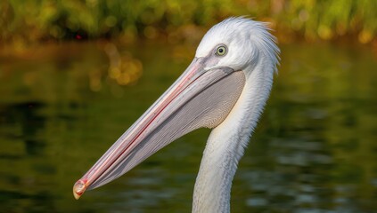 Closeup of a pelican in its natural habitat, showcasing its unique features and behavior