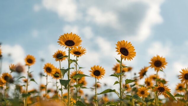 Tiny sunflowers against a backdrop of a cloudy blue sky in the summer