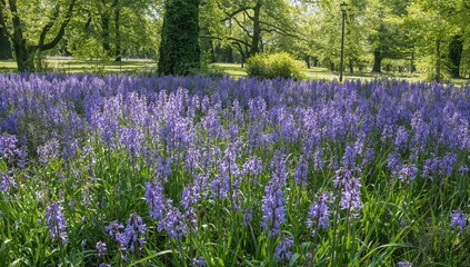 Hyacinthoides, bluebells blooming in a park, enhancing garden aesthetics