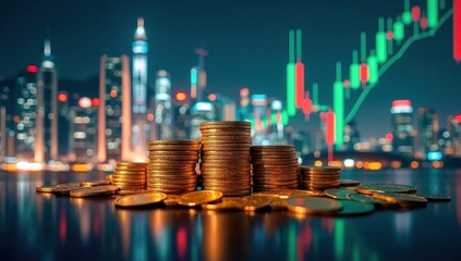 Double exposure of cityscape at night with gold coins and forex trading chart - financial investment and digital economy concept