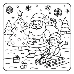 Santa Claus with Child on Sled – Christmas Winter Scene Coloring Page Illustration
