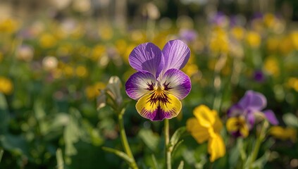 Beautiful Viola tricolor plant flourishing in a garden, seasonal change