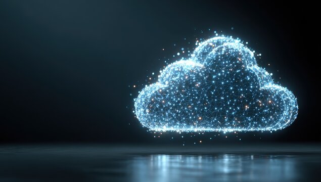 Vibrant photo of cloud computing concept with glowing particles on dark reflective surface
