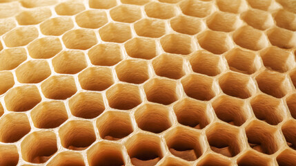 Close-up view of a honeycomb revealing the intricate hexagonal structure created by bees in a warm, sunlit hive during late spring