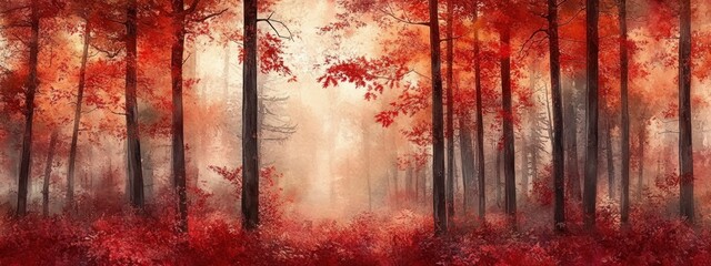 Dense forest with tall trees surrounded by vibrant red foliage and misty atmosphere creating a serene and mysterious autumn scene
