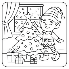 Christmas Elf Decorating Tree – Holiday Coloring Page Illustration
