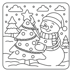 Snowman Decorating Christmas Tree – Winter Holiday Coloring Page Illustration