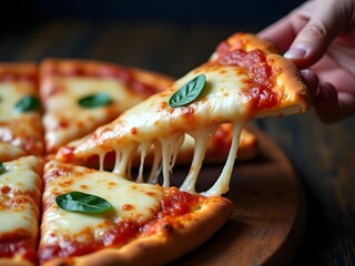 Pizza slice with extra mozzarella cheese pull, close-up view