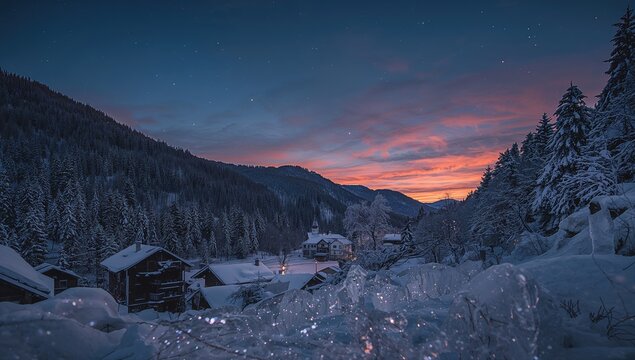 A weary wanderer basks in the soft winter glow, captivated by snowy rooftops and the pristine mountain landscape under a starlit sky.