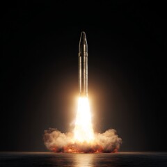 Naklejka premium Rocketry and reach: the intricacies of missile propulsion. Luxury style. A missile's launch on a clear day: transparency in modern warfare. Concept art. Commercial image.