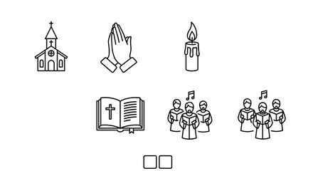 Outline icon set representing faith-based gatherings and symbols, including a church silhouette, praying hands, a lit candle, an open scripture book with a cross, and a choir singing, presented in a