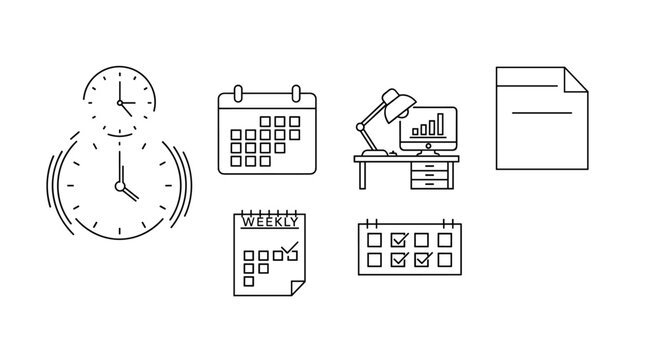 Collection of line icons representing time management, planning, and work organization, including clocks, calendars, a desk with a computer displaying charts, a document, and a weekly planner with