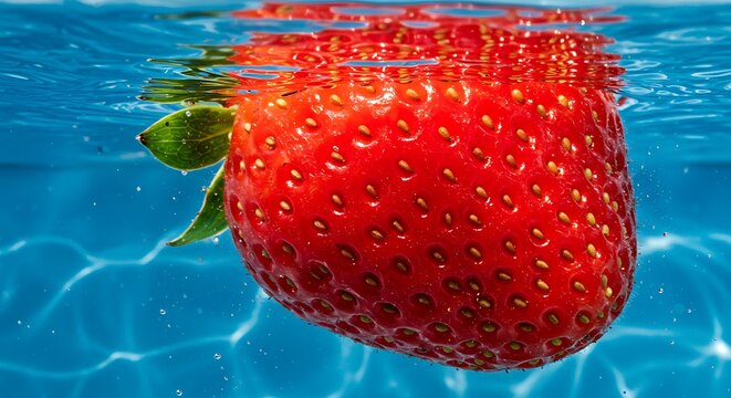 Fresh Red Strawberry Submerged in Clear Blue Water with Ripples.
