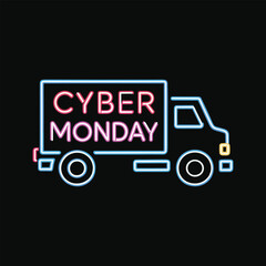 Neon truck with cyber monday text in pink and blue neon lights on black background delivery shipping vector illustration.