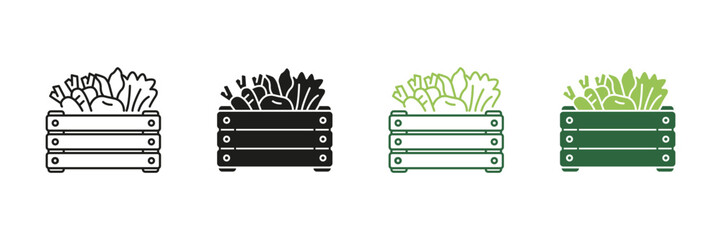 Wooden Crate With Vegetables Line And Solid Icon Set. Fresh Produce, Organic Farming, And Grocery Delivery Symbol Collection. Healthy Eating And Sustainability. Isolated Vector Illustration