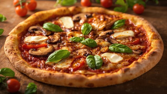 Italian Pizza Featuring Basil, Mushrooms, Chicken, Cheese, and Tomatoes, Fiber-Dense Choice - Powered by Adobe