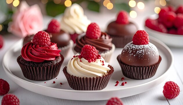 Delicious Valentine cupcakes topped with chocolate and raspberry cream, perfect romantic dessert for love celebration and sweet moments.