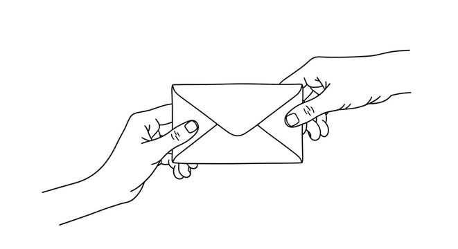 A minimalist line art illustration depicts two hands exchanging a sealed envelope, symbolizing communication, correspondence, and the transfer of information. This clean, vector graphic is ideal for