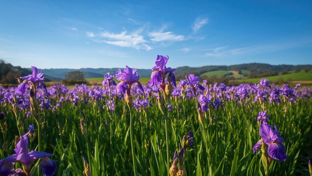 Springtime iris blossoms in a garden