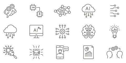 Artificial Intelligence and Digital Innovation Line Icon Set. Machine Learning, Cloud Computing and Data Analytics Outline Symbol Collection. Editable Stroke. Isolated Vector Illustration