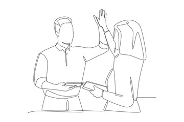 Businessman high five concept one-line drawing