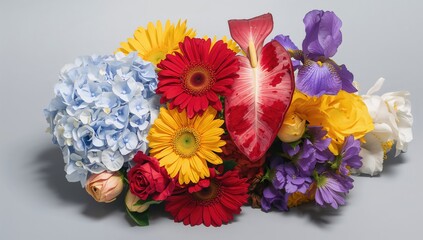 Colorful mix of flowers against a neutral gray background, including hydrangea, anthurium, gerbera, rose, and iris