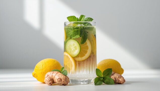 Infused water featuring lemon, ginger, cucumber, and mint, beneficial hydration choice