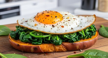 Healthy Sweet Potato Toast with Fried Egg and Spinach.