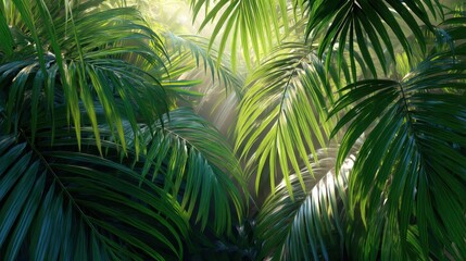 Fototapeta premium Lush Tropical Greenery with Sunlight Filtering Through Leafy Canopy in a Serene Jungle Atmosphere