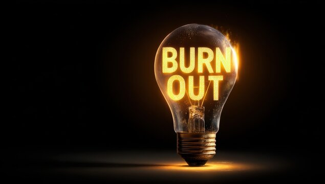 Vibrant photo of burnout concept shown as glowing text inside of a light bulb on black