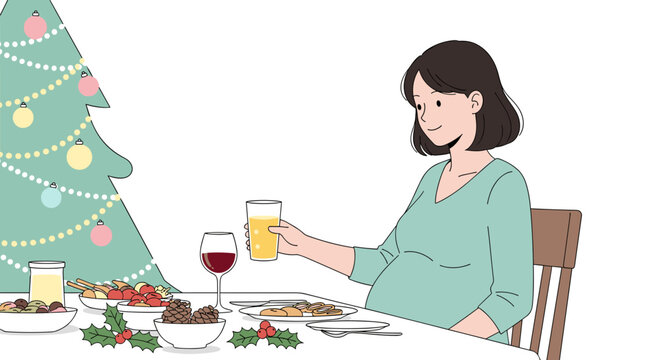 Pregnant woman choosing juice instead of champagne at a holiday table, ideal for alcohol awareness and maternity health education