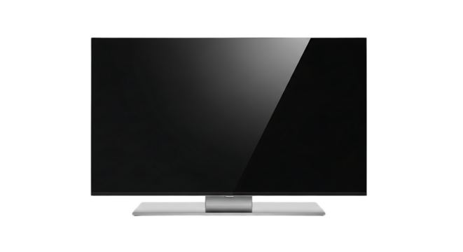 Isolated television set with a sleek silver frame and a reflective screen on a black background