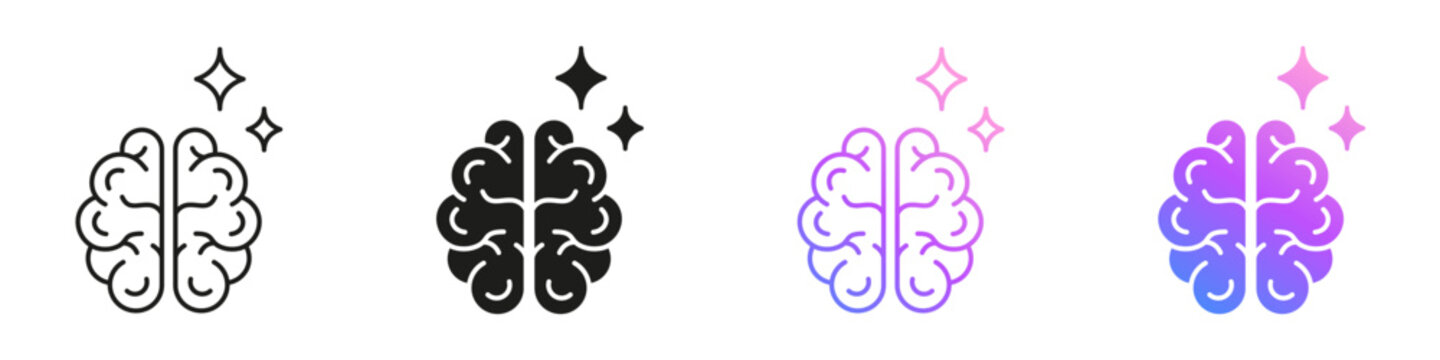 Brain With Sparkles Line and Solid Icon Set. AI Intelligence Thinking And Knowledge Symbol Collection. Isolated Vector Illustration